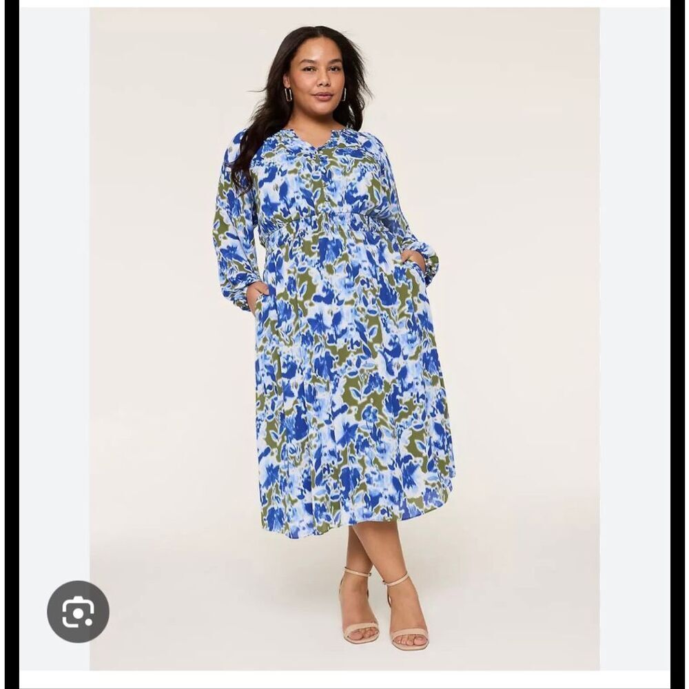 Lane Bryant Smocked Waist Blue & Green Print Midi Dress sz 20 NWT